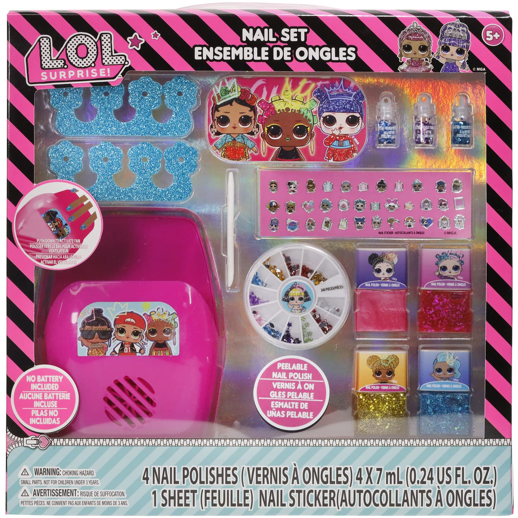 L.O.L Surprise! Townley Girl, Non-Toxic Peel-Off Water-Based Natural Safe Quick Dry Nail Polish Gift Kit Set for Kids Set With Nail Gem Wheel, Nail Stickers, Toe Spacers, Nail File, Glitter Vials, and Nail Dryer, Batteries Not Included, Ages 5+
