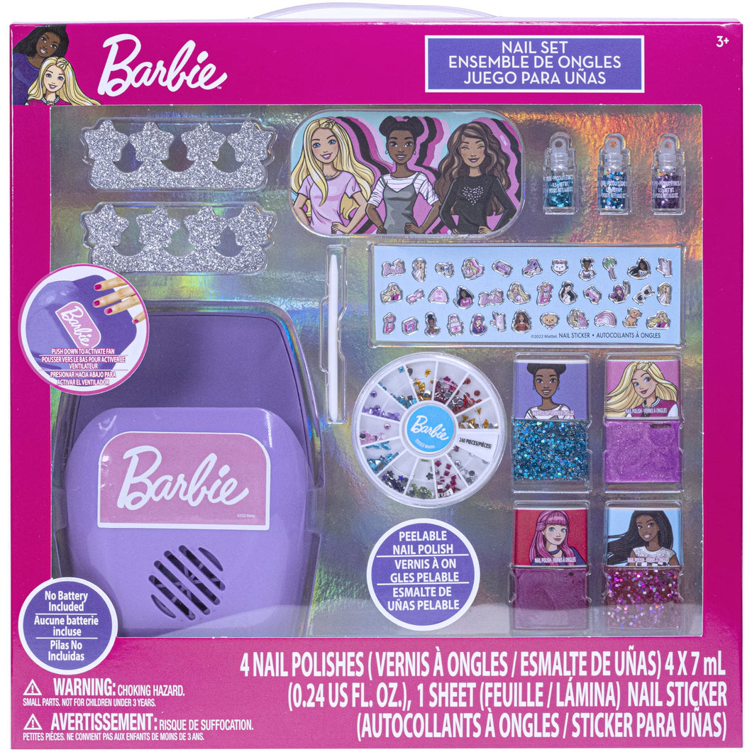 Barbie - Townley Girl, Non-Toxic Peel-Off Water-Based Natural Safe Quick Dry Nail Polish Gift Kit Set for Kids Set With Nail Gem Wheel, Nail Stickers, Toe Spacers, Nail File, Glitter Vials, and Nail Dryer, Batteries Not Included, Ages 3+
