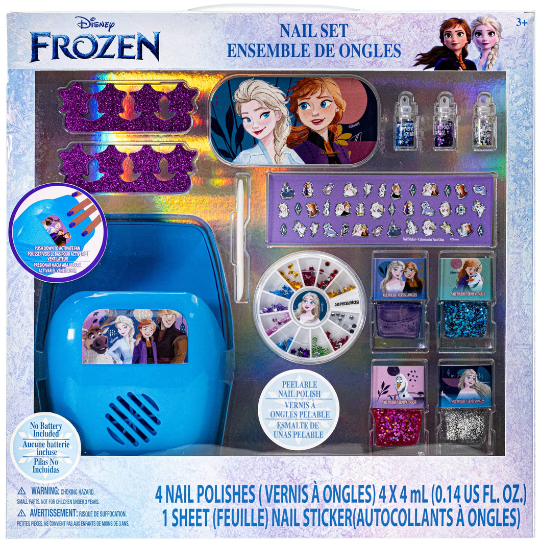 Disney Frozen - Townley Girl, Non-Toxic Peel-Off Water-Based Natural Safe Quick Dry Nail Polish Gift Kit Set for Kids Set With Nail Gem Wheel, Nail Stickers, Toe Spacers, Nail File, Glitter Vials, and Nail Dryer, Batteries Not Included, Ages 3+