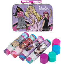 Load image into Gallery viewer, Barbie – Townley Girl Plant Based 4 Pk Swirl Lip Balm with Tin Case Makeup Cosmetic Set for Kids and Girls, Ages 3+, Perfect for Parties, Sleepovers & Makeovers
