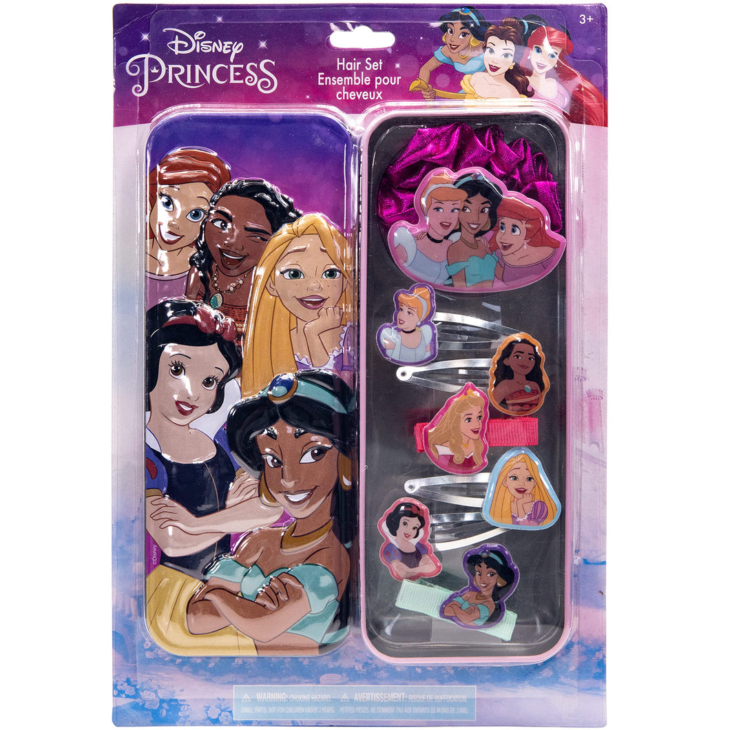 Disney Princess - Townley Girl Hair Accessories with Tin Pencil Case |Gift Set for Kids Girls |Ages 3+ Including Hair Clips, Snap Clips, Pony and More! for Parties, Sleepovers and Makeovers