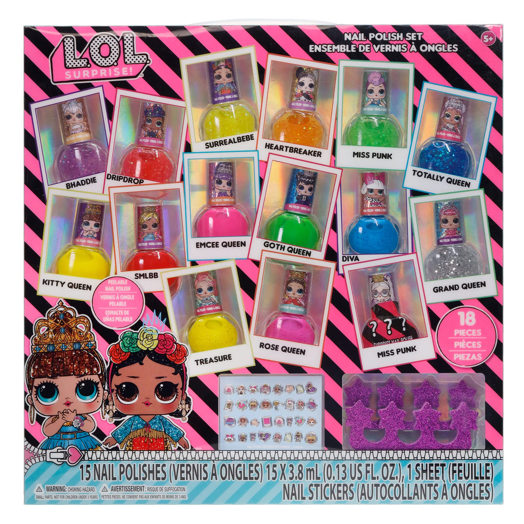 L.O.L Surprise! - Townley Girl Peel-Off Nail Polish Activity Set for Girls, Ages 5+ with 15 Nail Polish Colors, Toe Spacers and Nail Stickers, Perfect for Parties, Sleepovers and Makeovers