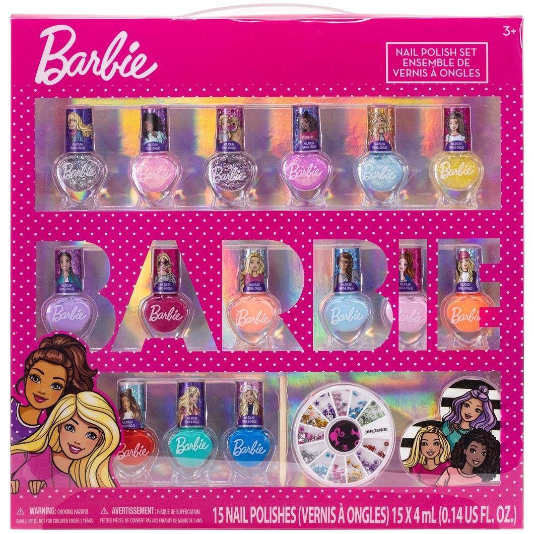 Barbie - Townley Girl Non-Toxic Peel-Off Quick Dry Nail Polish Activity Makeup Set for Girls, Ages 3+ includes 15 PK Nail Polish with Nail Gems Wheel and Nail File for Parties, Sleepovers and Makeovers