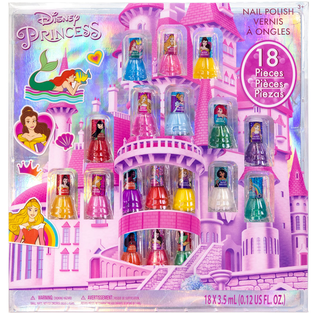 Disney Princess - Townley Girl Castlebox Non-Toxic Peel-Off Water-Based Natural Safe Quick Dry Nail Polish | Gift Kit Set for Kids Girls, First Princess | Opaque Colors, Ages 3+ (18 Pcs)