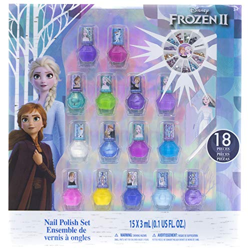 Townley Girl Disney Frozen 2 Non-Toxic Peel-Off Nail Polish Set with Glittery and Opaque Colors with Nail Gems for Girls Kids Ages 3+, Perfect for Parties, Sleepovers and Makeovers, 18 Pcs