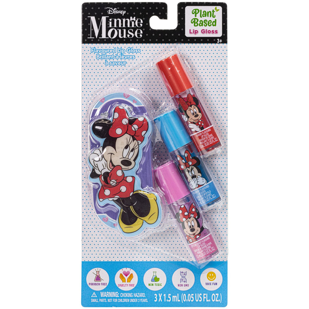 Disney Minnie Mouse – Townley Girl Plant Based 3 Pcs Flavoured Lip Gloss with Tin Cosmetic Makeup Set for Kids and Girls, Ages 3+, Perfect for Parties, Sleepovers & Makeovers