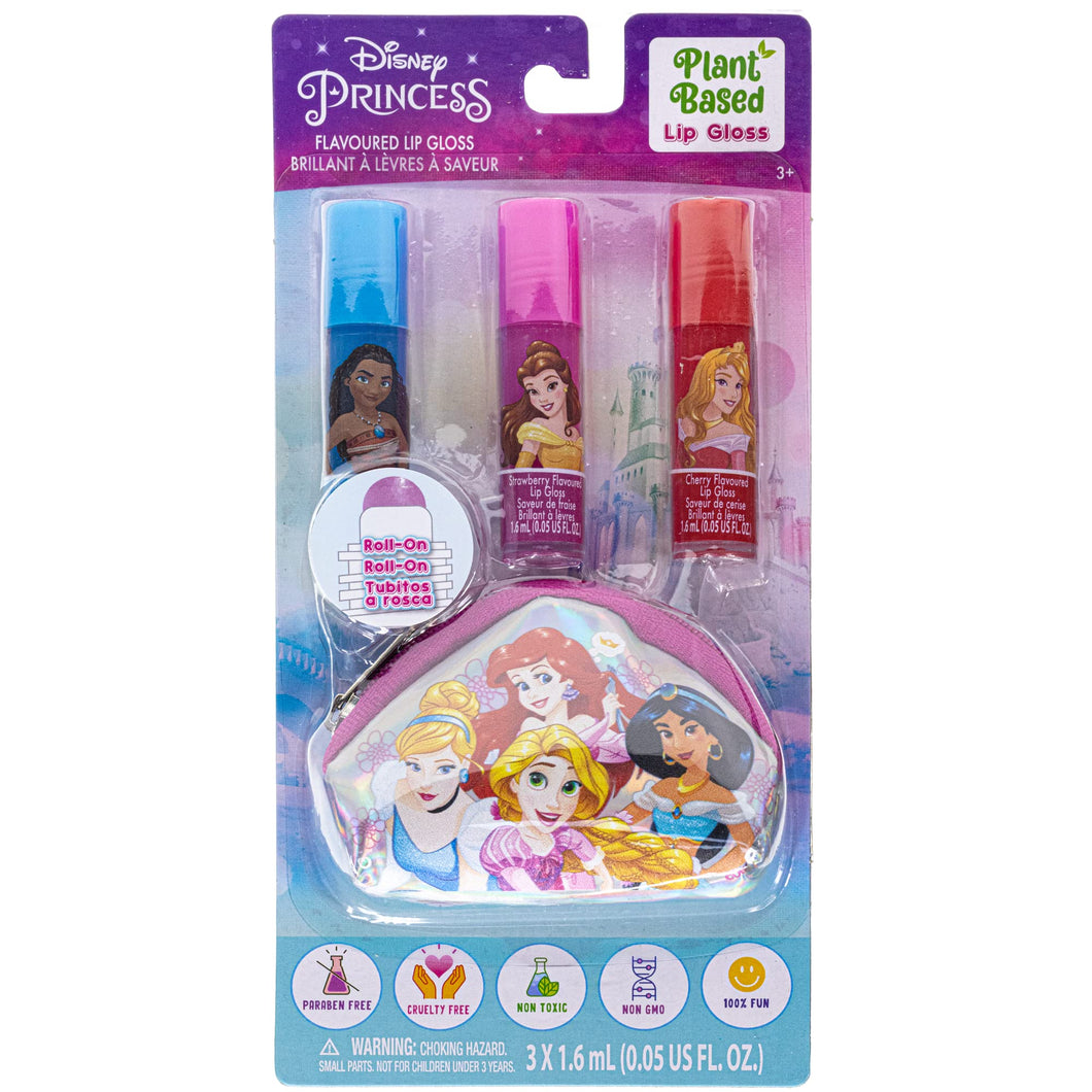 Disney Princess – Townley Girl Plant-Based 3 Pcs Roll-On Lip Gloss & Micro Cosmetic Bag for Kids and Girls, Ages 3+, Perfect for Parties, Sleepovers & Makeovers