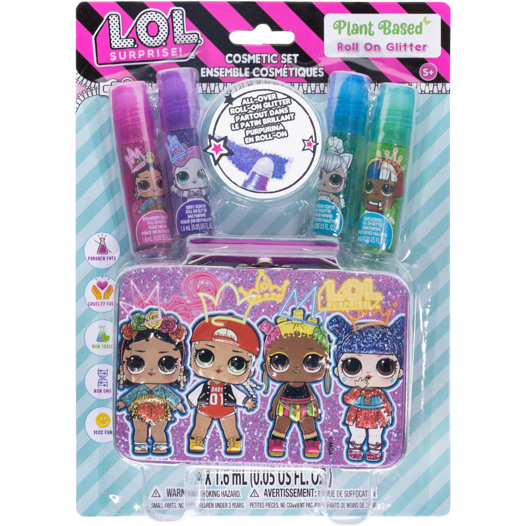 L.O.L Surprise! Townley Girl Plant-Based Flavoured 4 Pk All Over Roll-On Glitter with Tin Makeup Set for Kids and Girls, Ages 5+, Perfect for Parties, Sleepovers & Makeovers