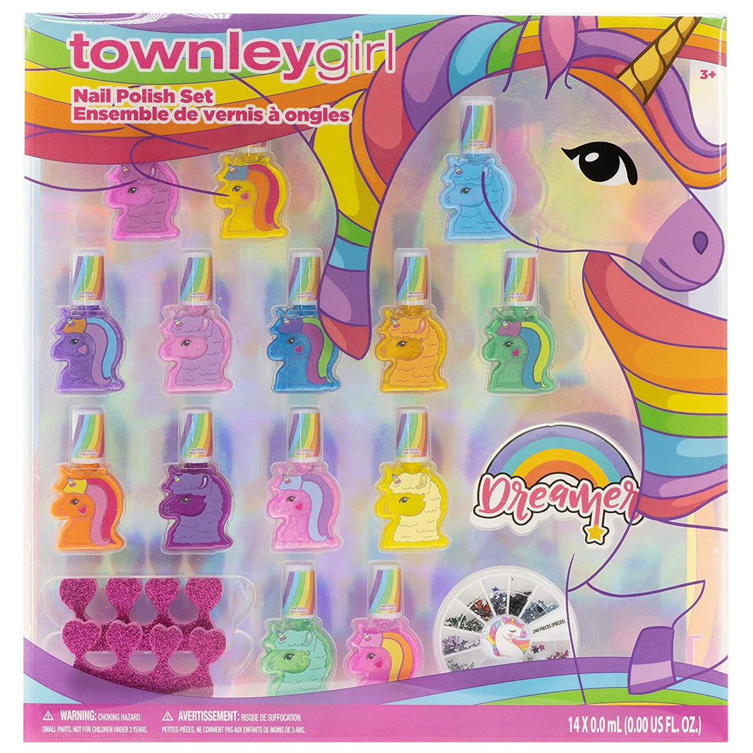 Townley Girl Unicorns and Llamacorns Non-Toxic Peel-Off Nail Polish Set for Girls, Glittery and Opaque Colors, with Nail Gems and Toe spacers, Ages 3+, for Parties, Sleepovers and Makeovers