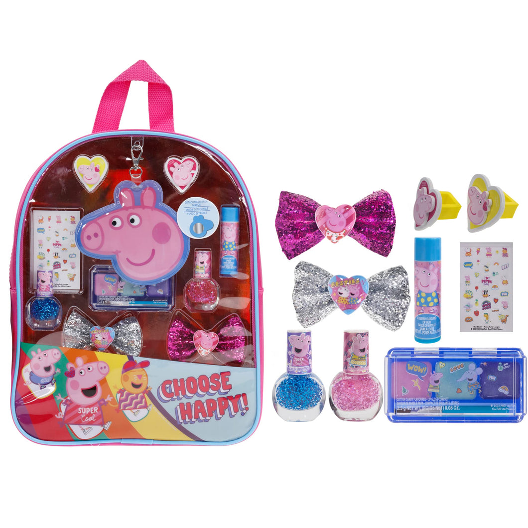 Peppa Pig - Townley Girl Backpack Cosmetic Makeup Bag Set with Flip-up Mirror includes Lip Gloss, Nail Polish, Hair Bow & more for Kids Tween Girls, Ages 3+ perfect for Parties, Sleepovers & Makeovers