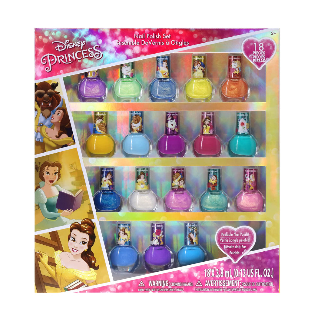 Townley Girl Disney Princess Belle 18 Pcs Non-Toxic Peel-Off Water-Based Natural Safe Quick Dry Nail Polish Kit| Birthday Gift Nail Paint Set for Girls, Glittery and Opaque Colors| Kids Ages 3+