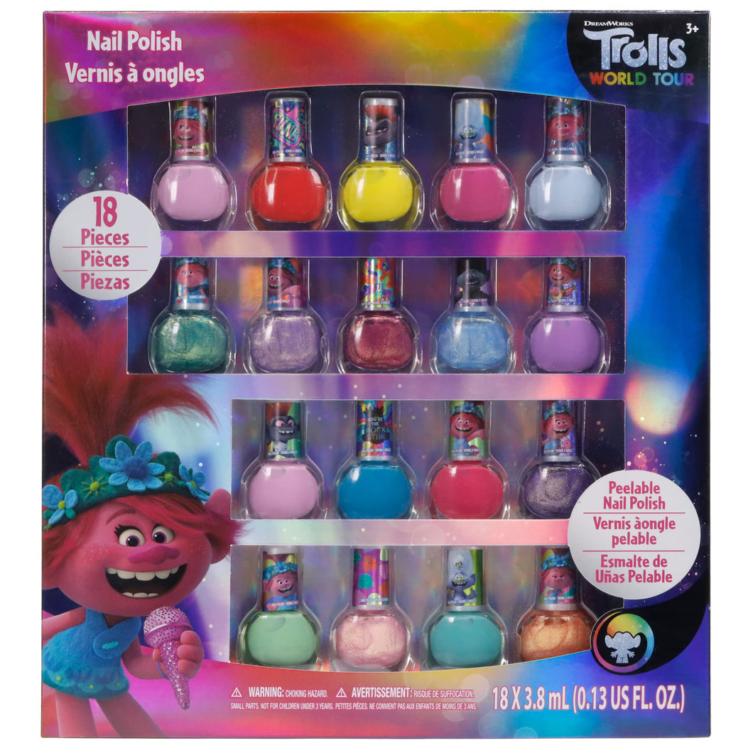 Townley Girl Trolls World Tour 18 Pcs Non-Toxic Peel-Off Water-Based Natural Safe Quick Dry Nail Polish |Gift Kit Set for Kids Girls, Multiple Colors| Ages 3+