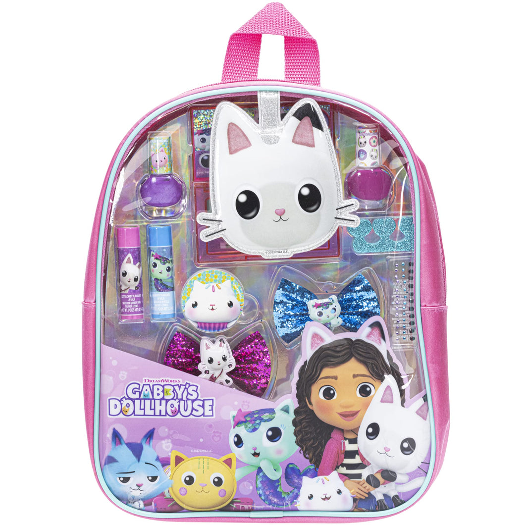 Gabby’s Dollhouse - Townley Girl Makeup Filled Backpack Set Including Lip Gloss, Lip Balm, Nail Polish, Nail Stickers, Hair Bows, Flip Up Mirror and More, Ages 3+