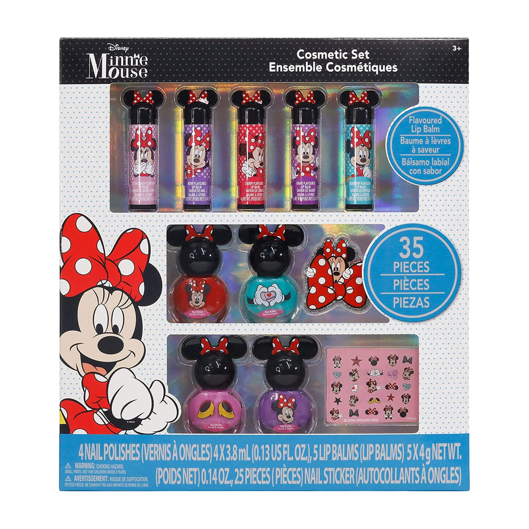Townley Girl Disney Minnie Mouse Sparkly Cosmetic Makeup Set for Girls with Lip Balm Nail Polish Nail Stickers -35 Pcs|Perfect for Parties Sleepovers Makeovers|Birthday Gift for Girls above 3 Yrs