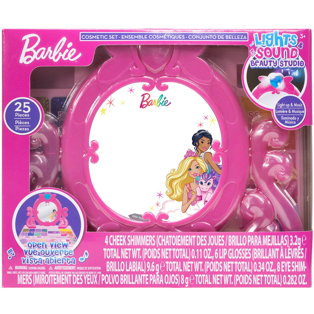 Barbie - Townley Girl Cosmetic Vanity Compact Makeup Set with Light & Built-in Music Includes Lip Gloss, Shimmer, Compact & Brushes for Kids Girls, Ages 3+ perfect for Parties, Sleepovers & Makeovers