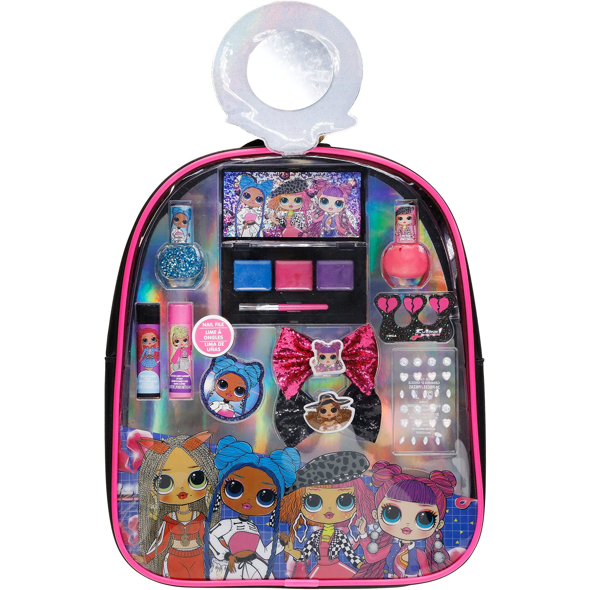L.O.L Surprise! Townley Girl Backpack Cosmetic Makeup Set 10 Pieces, Including Lip Gloss, Nail Polish, Scrunchy, Mirror and Surprise Keychain, Ages 5+