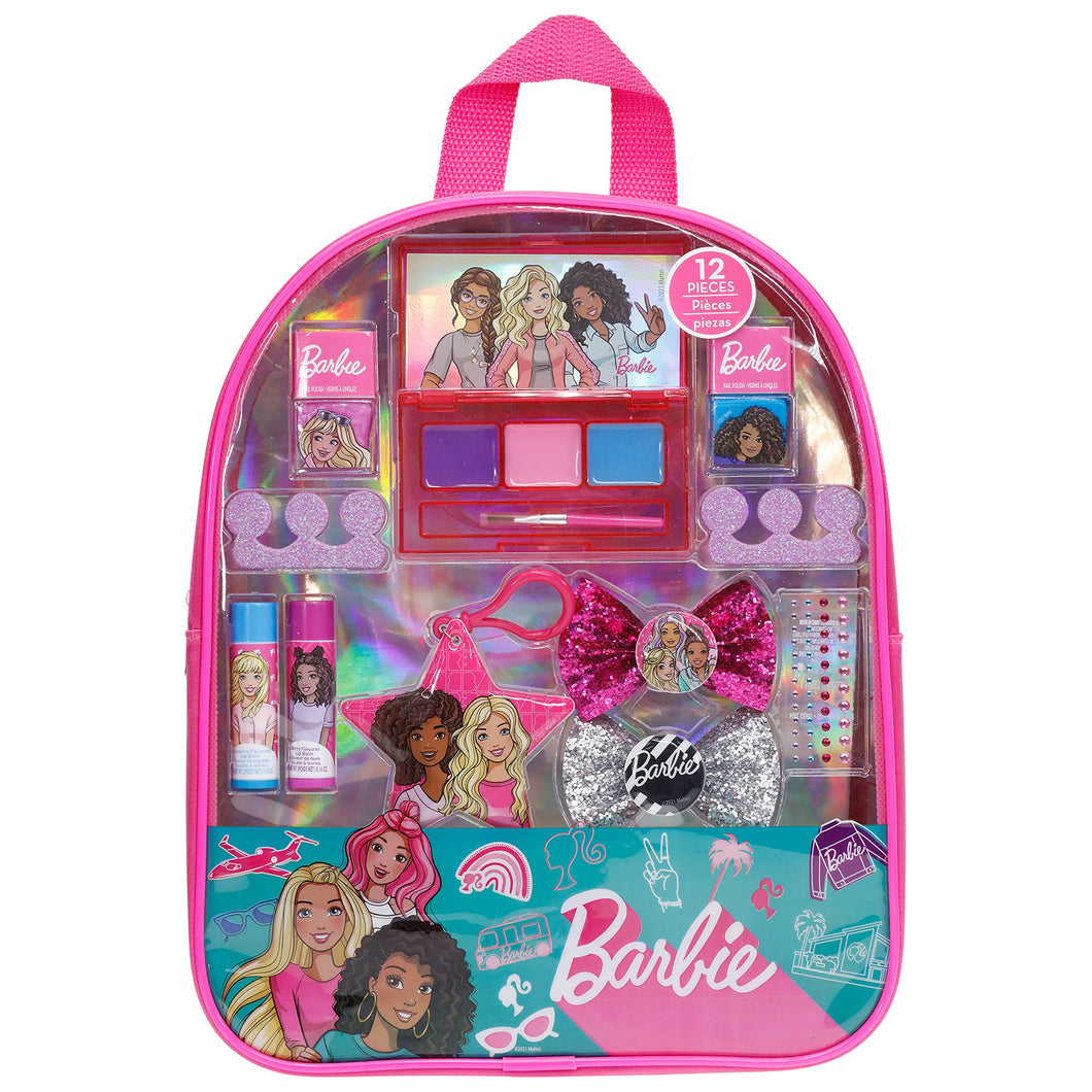 Barbie - Townley Girl Backpack Cosmetic Makeup Gift Bag Set 12 Pcs includes Lip Gloss, Nail Polish & Hair Accessories for Kids Teen Tween Girls, Ages 3+ perfect for Parties, Sleepovers and Makeovers