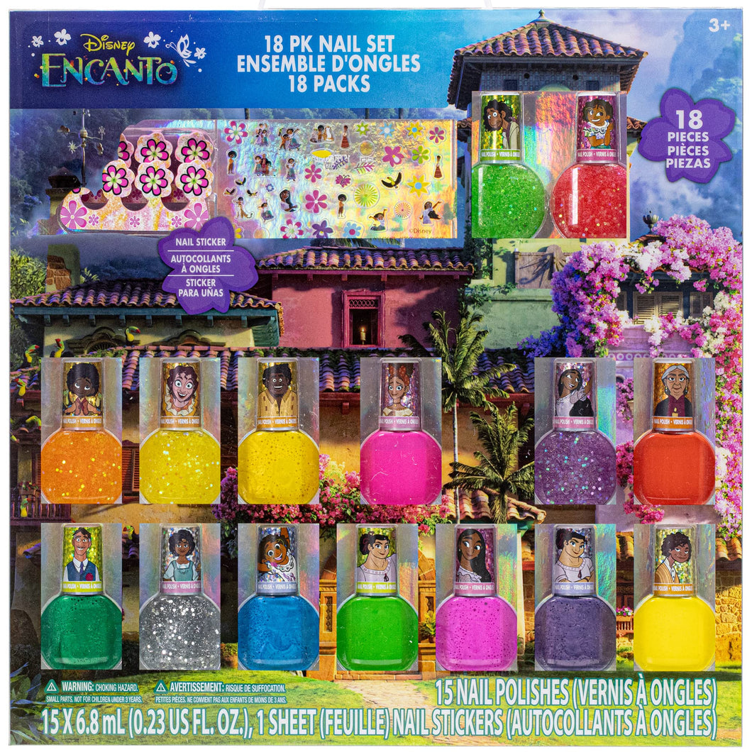Disney Encanto – Townley Girl Non-Toxic Peel-off Glittery & Opaque Shimmery Nail Polish Set for Girls, Ages 3+ with Toe Spacer & Nail Stickers, Perfect for Parties, Sleepovers & Makeovers, 18 Pcs