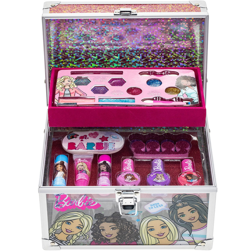 Barbie - Townley Girl Train Case Cosmetic Makeup Set Includes Lip Gloss, Eye Shimmer, Brushes, Nail Polish, Nail Accessories & more! for Kids Girls, Ages 3+ perfect for Parties, Sleepovers & Makeovers