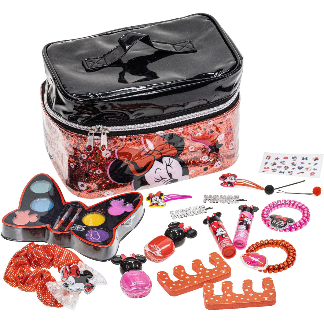 Disney Minnie Mouse - Townley Girl Zipper Cosmetic Train Case With Lip Gloss, Lip Balm, Hair Clips, Nail Stickers, Scrunchie and More, Ages 3+, for Parties, Sleepovers and Makeovers