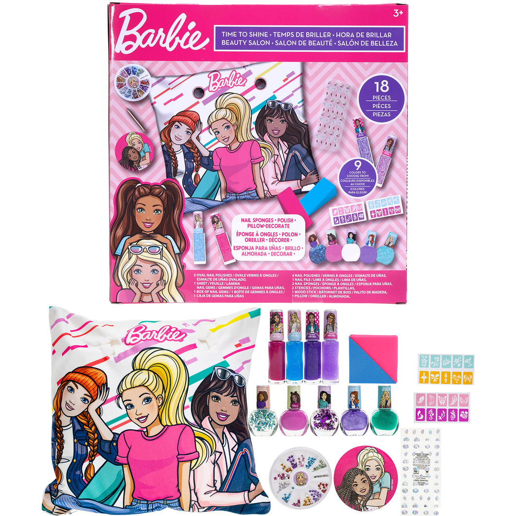 'Barbie - Townley Girl Mega Foldable Nail Salon Set with 18 Pieces Including Non-Toxic Peel-Off Nail Polish for Girls (Glittery and Opaque Colors), a Laptop Pillow, Nail Stencils, Nail Gems and More, Ages 3+, for Parties, Sleepovers and Makeovers