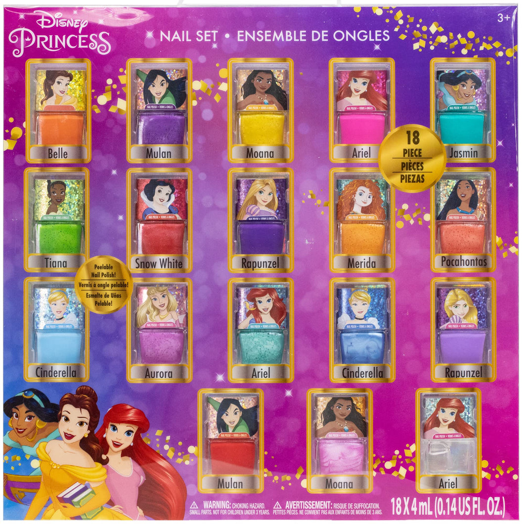 Disney Princess - Townley Girl Non-Toxic Peel-Off Nail Polish Set with Shimmery and Opaque Colors with Nail Gems for Girls Kids Ages 3+, Perfect for Parties, Sleepovers and Makeovers, 18 Pcs