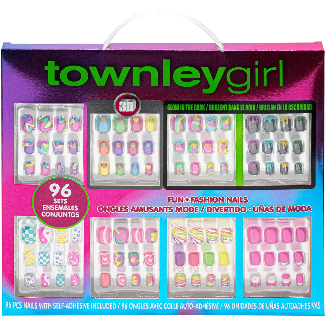 Townley Girl 96 Pcs Press-On Nails Including 3D and Glow-In-Dark Artificial False Nails Set for Kids with Pre-Glue Full Cover Acrylic Nail Tip Kit, Great for Gifts, Parties, Sleepovers and Makeovers