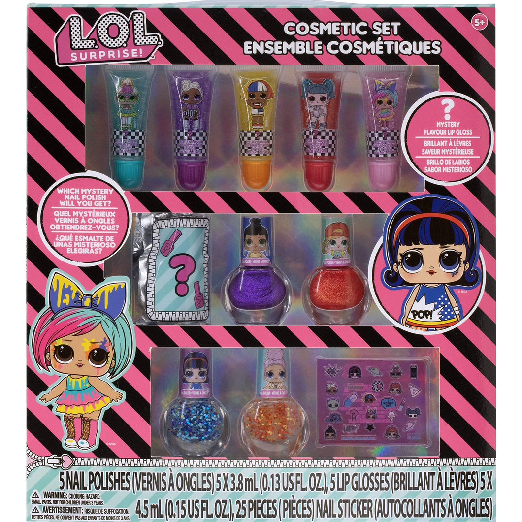 L.O.L. Surprise! Townley Girl 11 Pcs Sparkly Cosmetic Makeup Set for Kids Includes 5 Lip Gloss, 5 Nail Polish & Nail Stickers for Girls Tweens, Ages 3+ Perfect for Parties, Sleepovers and Makeovers