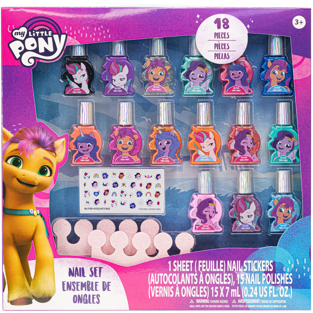 My Little Pony - Townley Girl Non-Toxic Water Based Peel-Off Nail Polish Set for Girls, Glittery & Opaque Colors, with Toe Spacers & Nail Stickers, Ages 3+ for Parties, Sleepovers & Makeovers, 18 Pcs