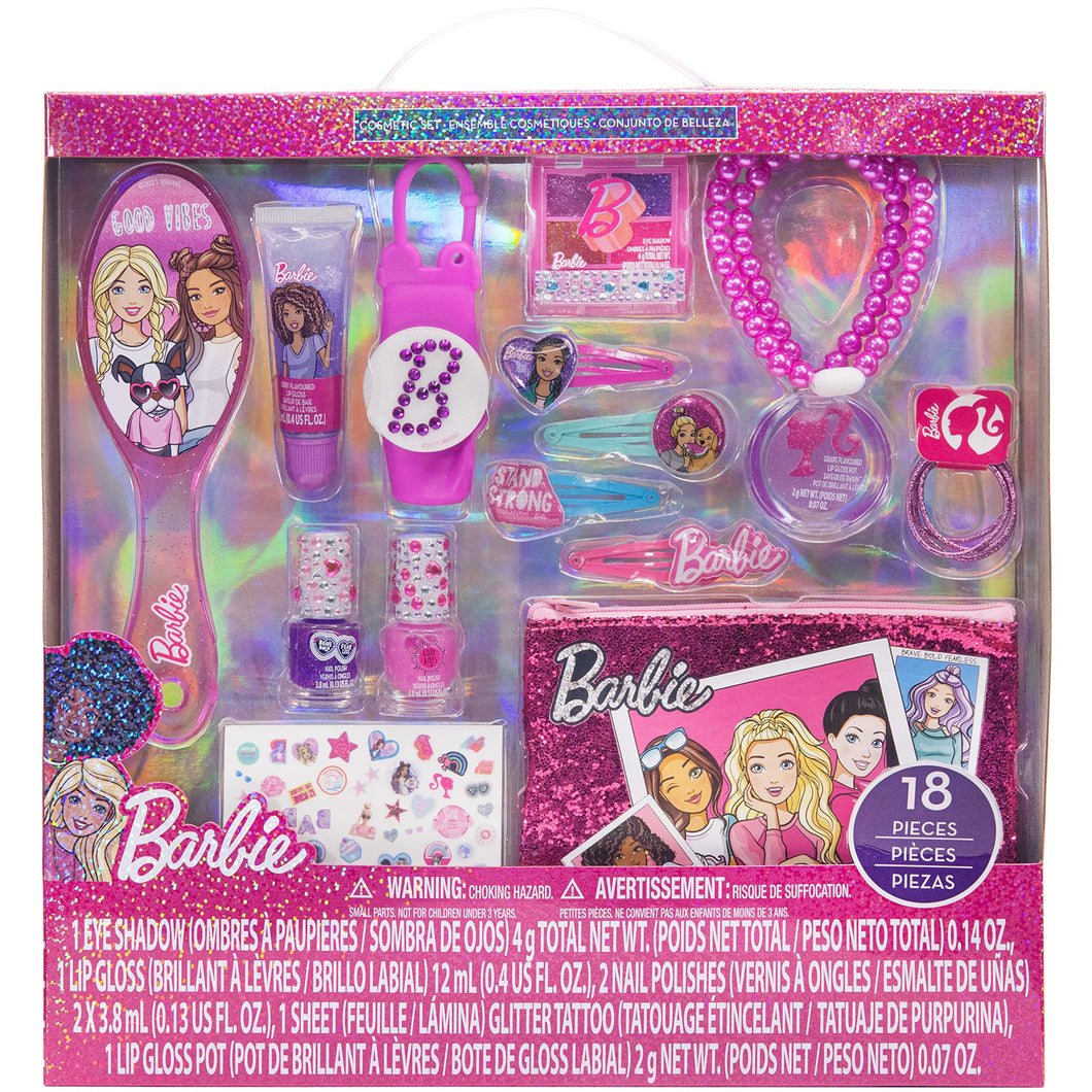 Barbie - Townley Girl 18 Pcs Cosmetic Makeup Gift Box Set includes Lip Gloss, Nail Polish, Eye Shadow, Hair Accessories and more! for Kids Girls, Ages 3+ perfect for Parties, Sleepovers and Makeovers