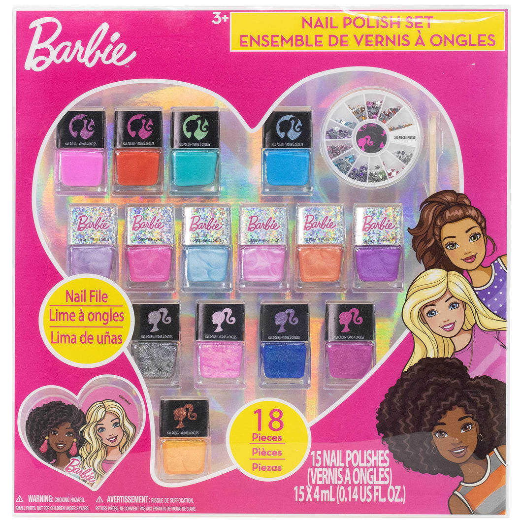 Barbie - Townley Girl 18 Pcs Non-Toxic Peel-Off Quick Dry Nail Polish Kit Makeup Set for Girls, Ages 3+ includes Nail Polish, Nail Gems Wheel & Nail File Perfect for Parties, Sleepovers & Makeovers